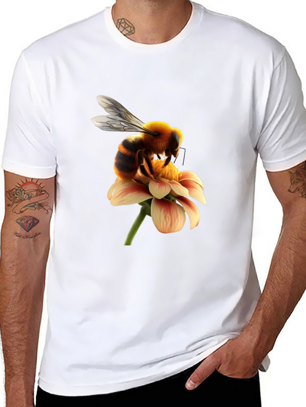 Bee on Flower Graphic Tee - Black Cotton T-Shirt