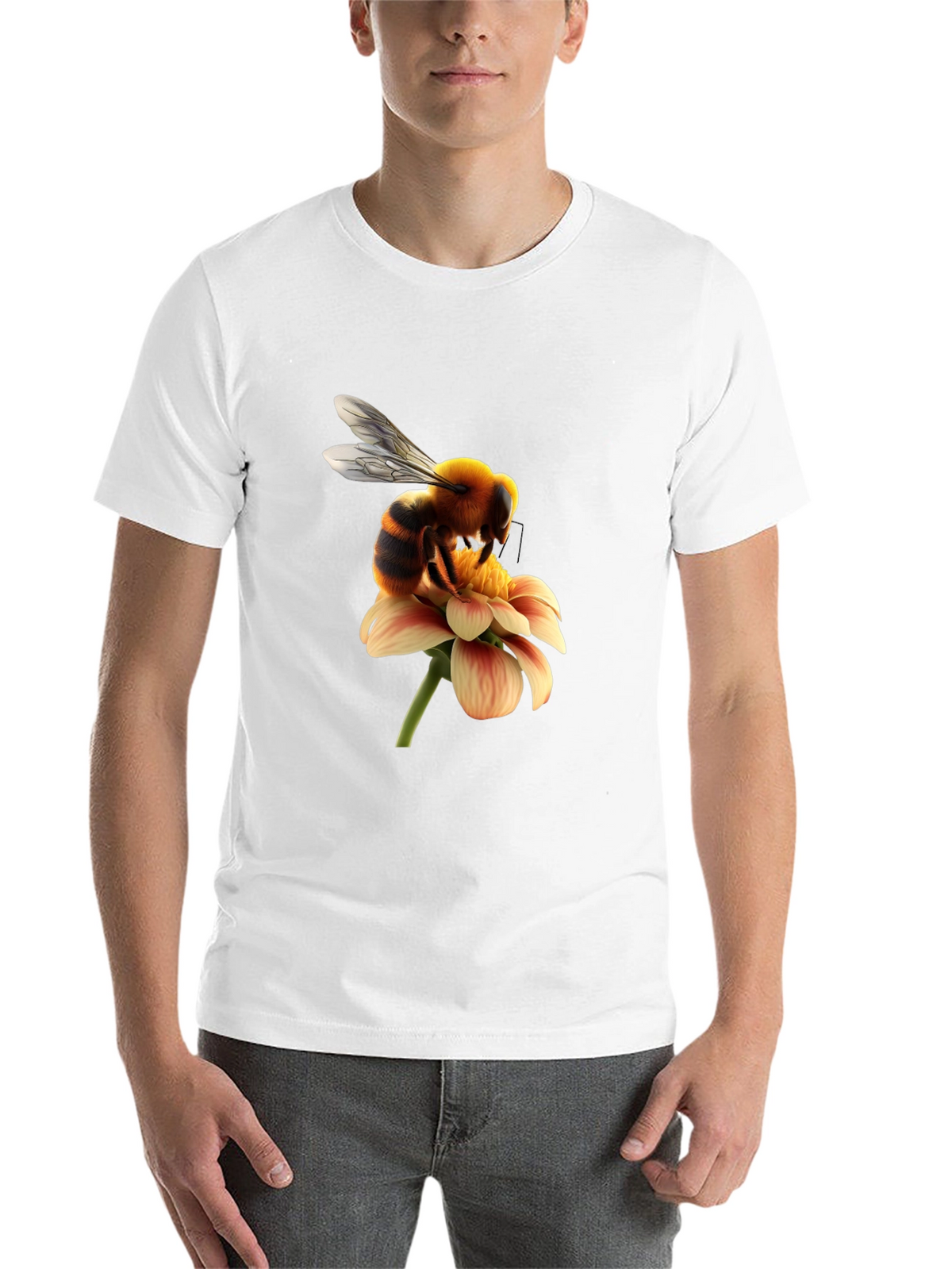 Bee on Flower Graphic Tee - Black Cotton T-Shirt