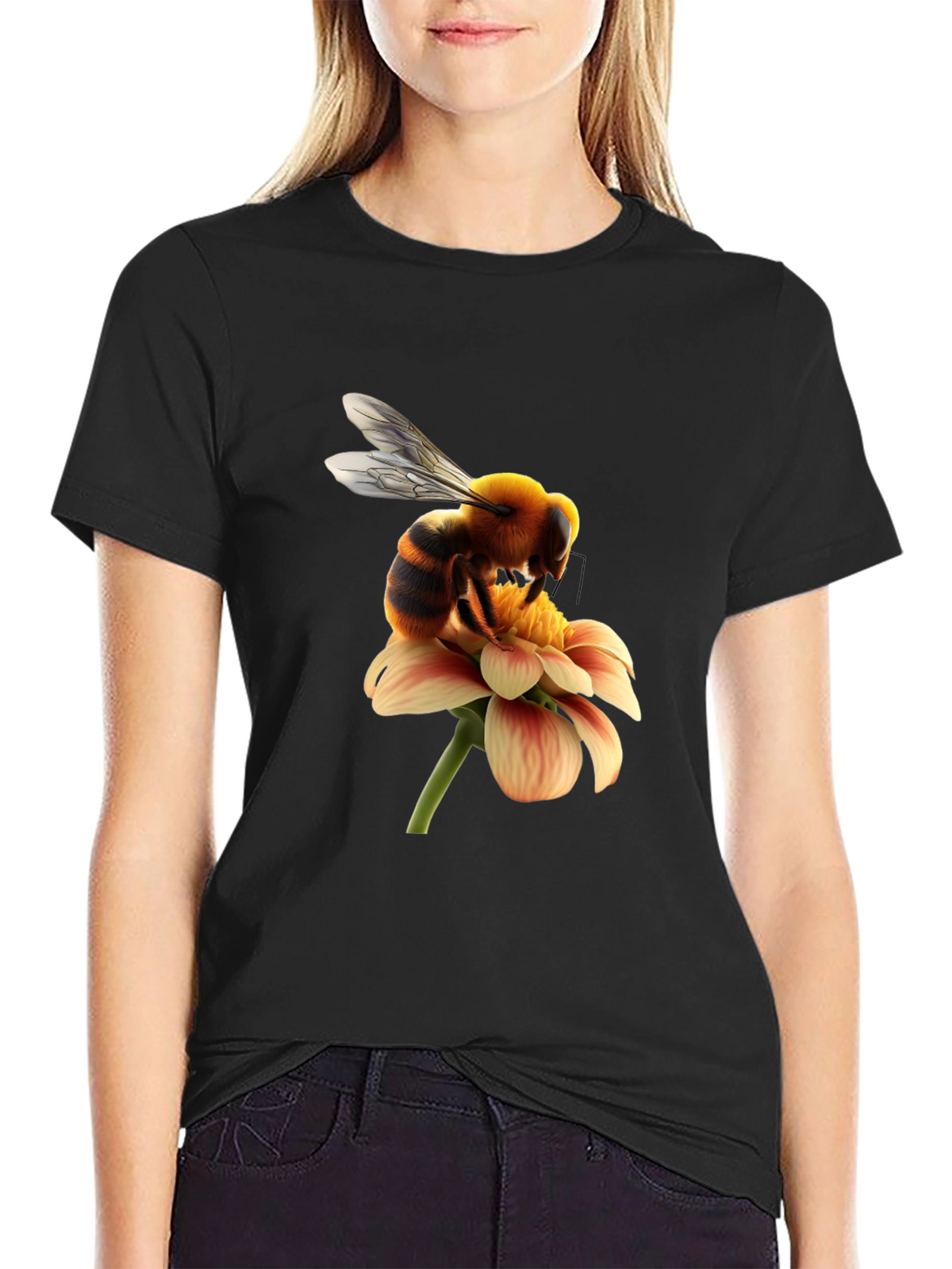 Bee on Flower Graphic Tee - Black Cotton T-Shirt