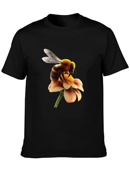 Bee on Flower Graphic Tee - Black Cotton T-Shirt