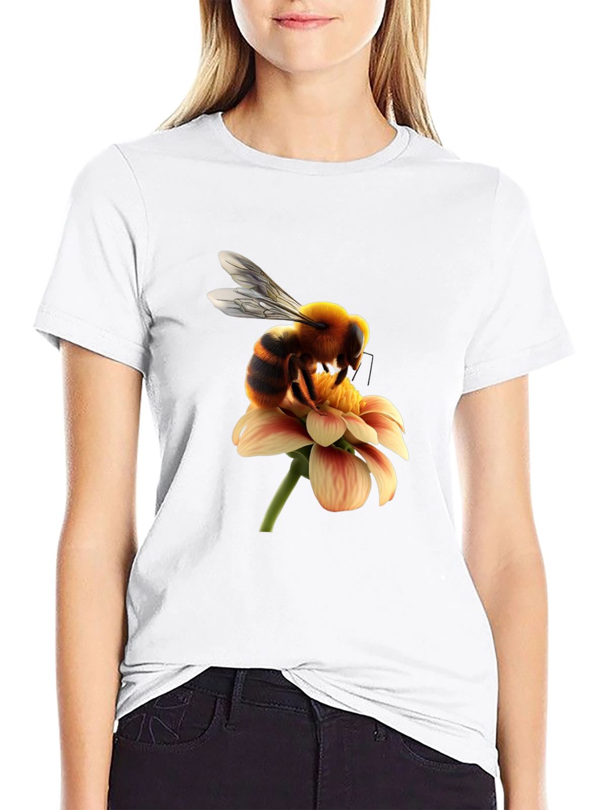 Bee on Flower Graphic Tee - Black Cotton T-Shirt