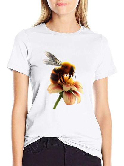 Bee on Flower Graphic Tee - Black Cotton T-Shirt