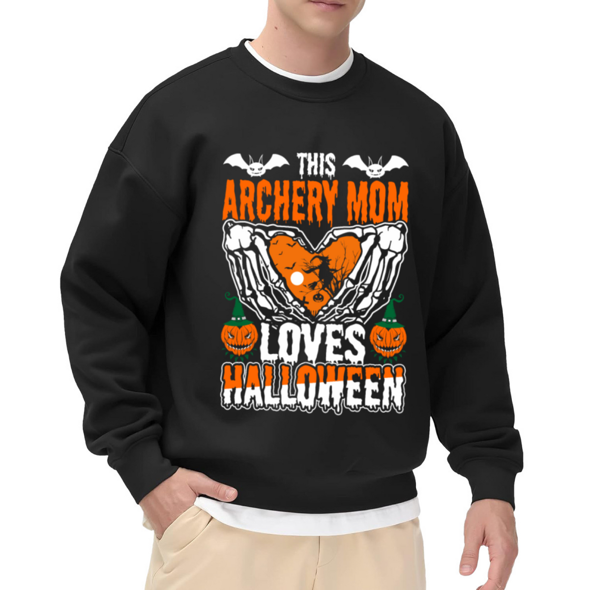 This Archery Mom Loves Halloween Crewneck Sweatshirt - Spooky Pumpkin Archer Graphic, Festive October Pullover