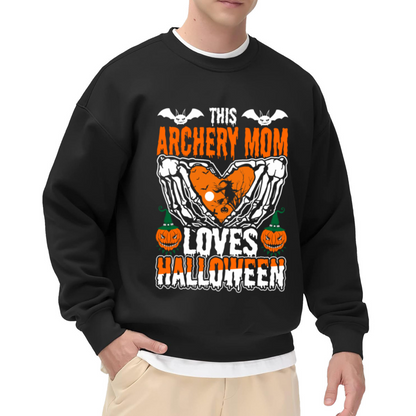 This Archery Mom Loves Halloween Crewneck Sweatshirt - Spooky Pumpkin Archer Graphic, Festive October Pullover