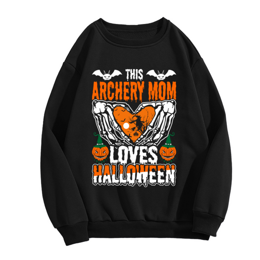 This Archery Mom Loves Halloween Crewneck Sweatshirt - Spooky Pumpkin Archer Graphic, Festive October Pullover