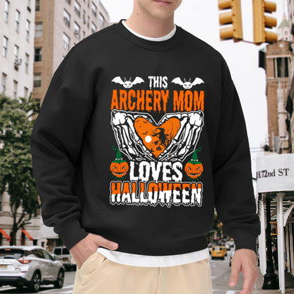 This Archery Mom Loves Halloween Crewneck Sweatshirt - Spooky Pumpkin Archer Graphic, Festive October Pullover