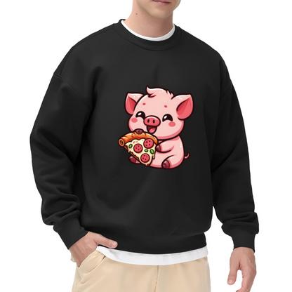 Kawaii Pig Eating Pizza Cartoon Crewneck Sweatshirt | Cute Foodie Animal Graphic Pullover, Pizza Lover Gift