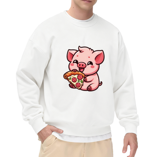 Kawaii Pig Eating Pizza Cartoon Crewneck Sweatshirt | Cute Foodie Animal Graphic Pullover, Pizza Lover Gift