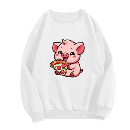 Kawaii Pig Eating Pizza Cartoon Crewneck Sweatshirt | Cute Foodie Animal Graphic Pullover, Pizza Lover Gift