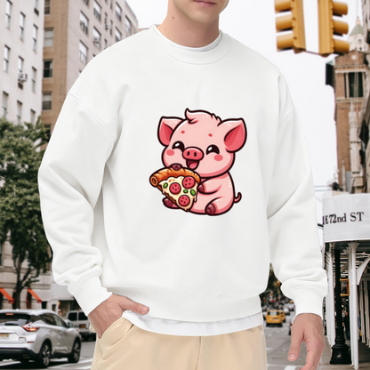 Kawaii Pig Eating Pizza Cartoon Crewneck Sweatshirt | Cute Foodie Animal Graphic Pullover, Pizza Lover Gift