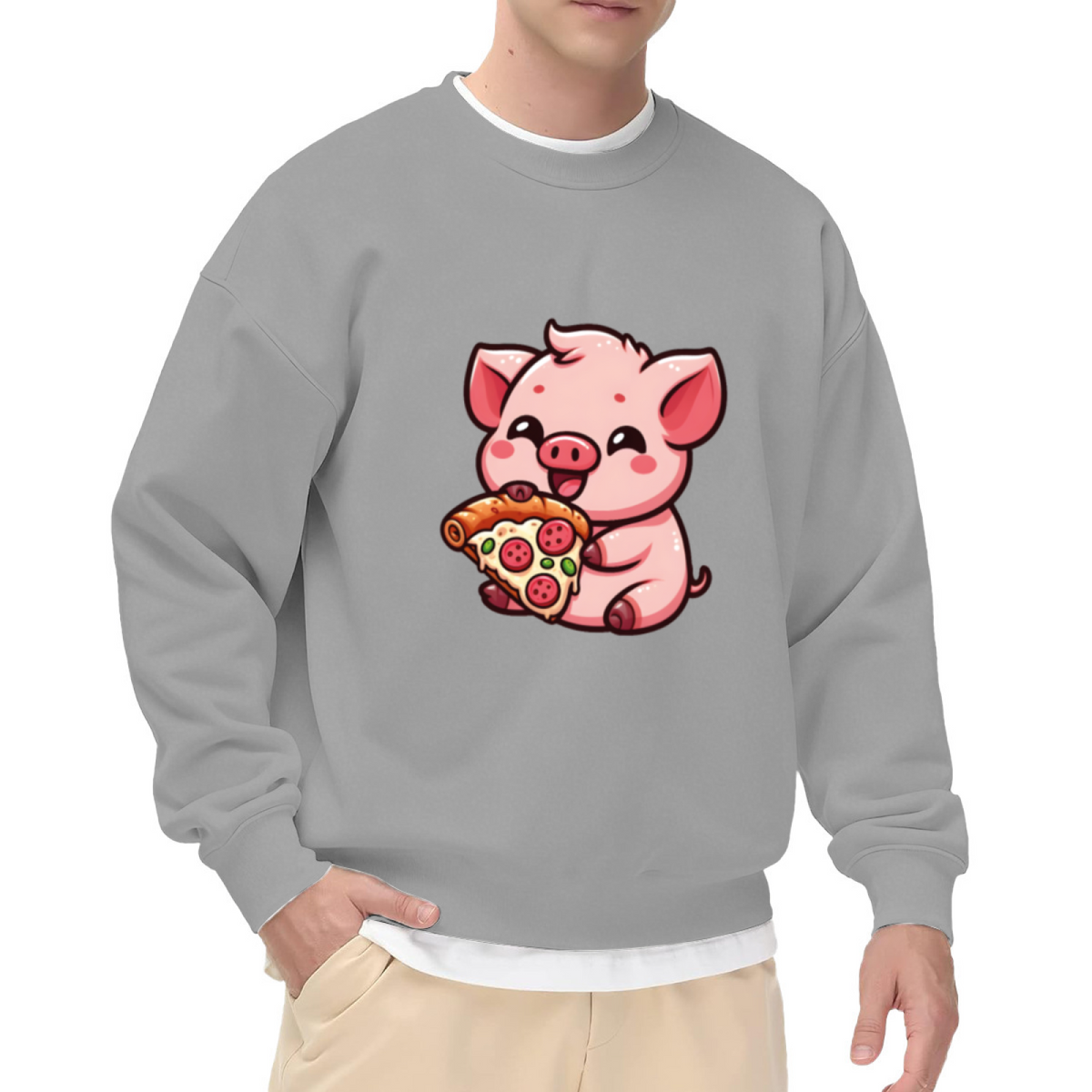 Kawaii Pig Eating Pizza Cartoon Crewneck Sweatshirt | Cute Foodie Animal Graphic Pullover, Pizza Lover Gift