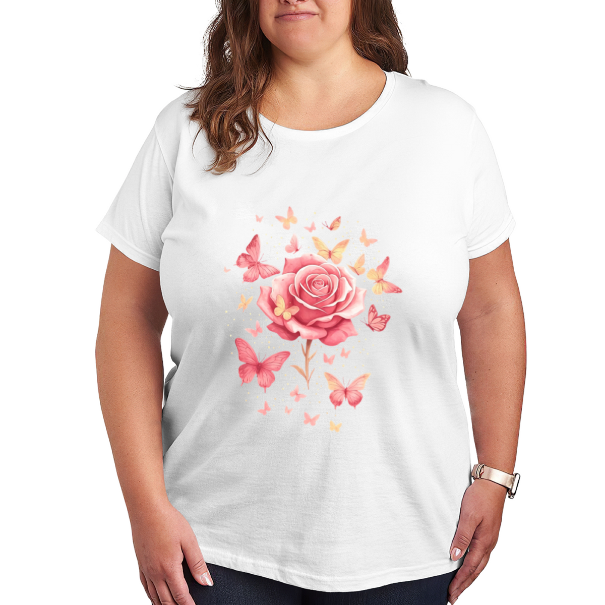 Soft Pink Rose & Floating Butterflies Feminine Tee