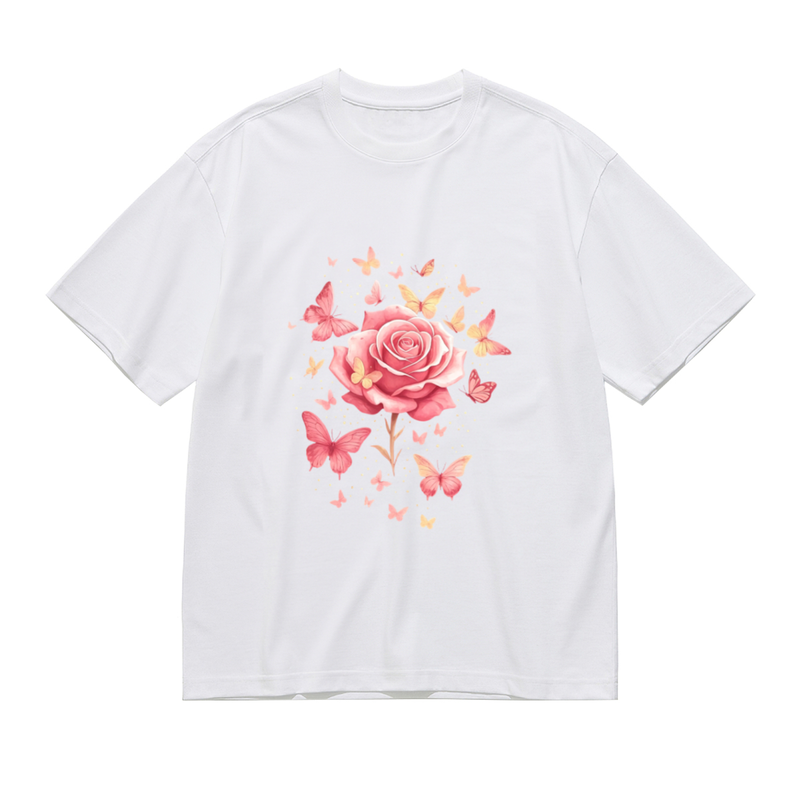 Soft Pink Rose & Floating Butterflies Feminine Tee