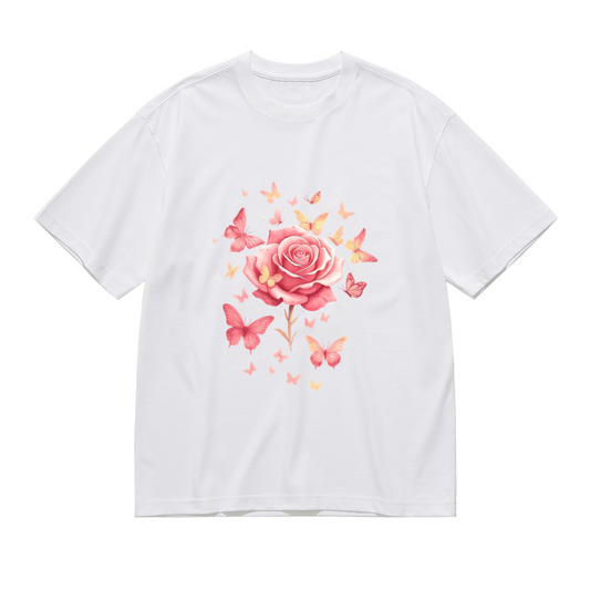 Soft Pink Rose & Floating Butterflies Feminine Tee