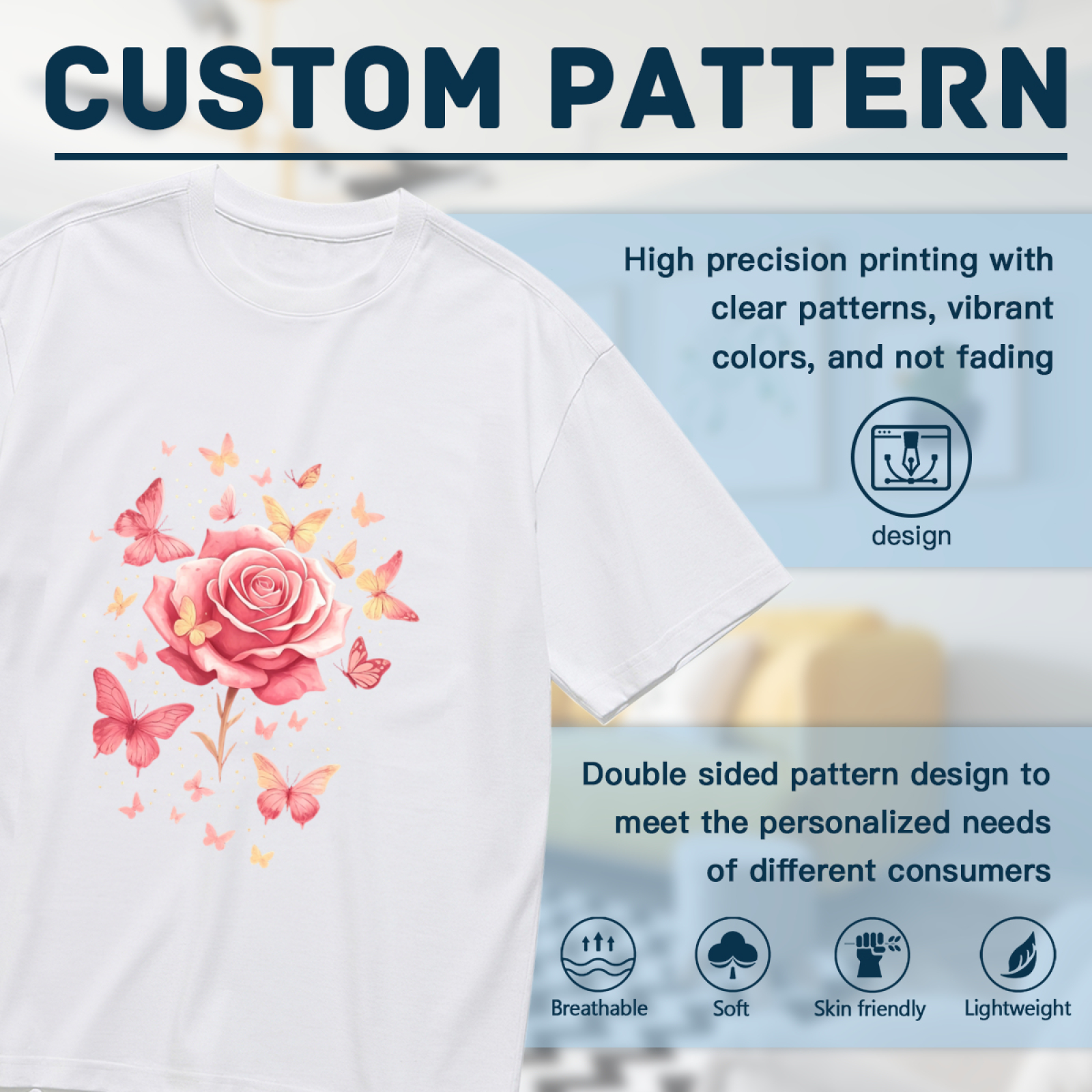Soft Pink Rose & Floating Butterflies Feminine Tee