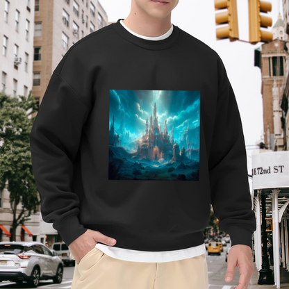 Enchanted Fantasy Castle Digital Art Crewneck Sweatshirt | Mystical Spire Landscape Pullover, Fantasy Lover Gift