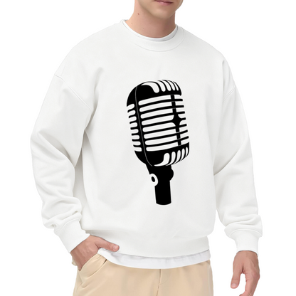 Vintage Microphone Silhouette Crewneck Sweatshirt | Classic Broadcast Mic Graphic Pullover, Singer Podcast Gift