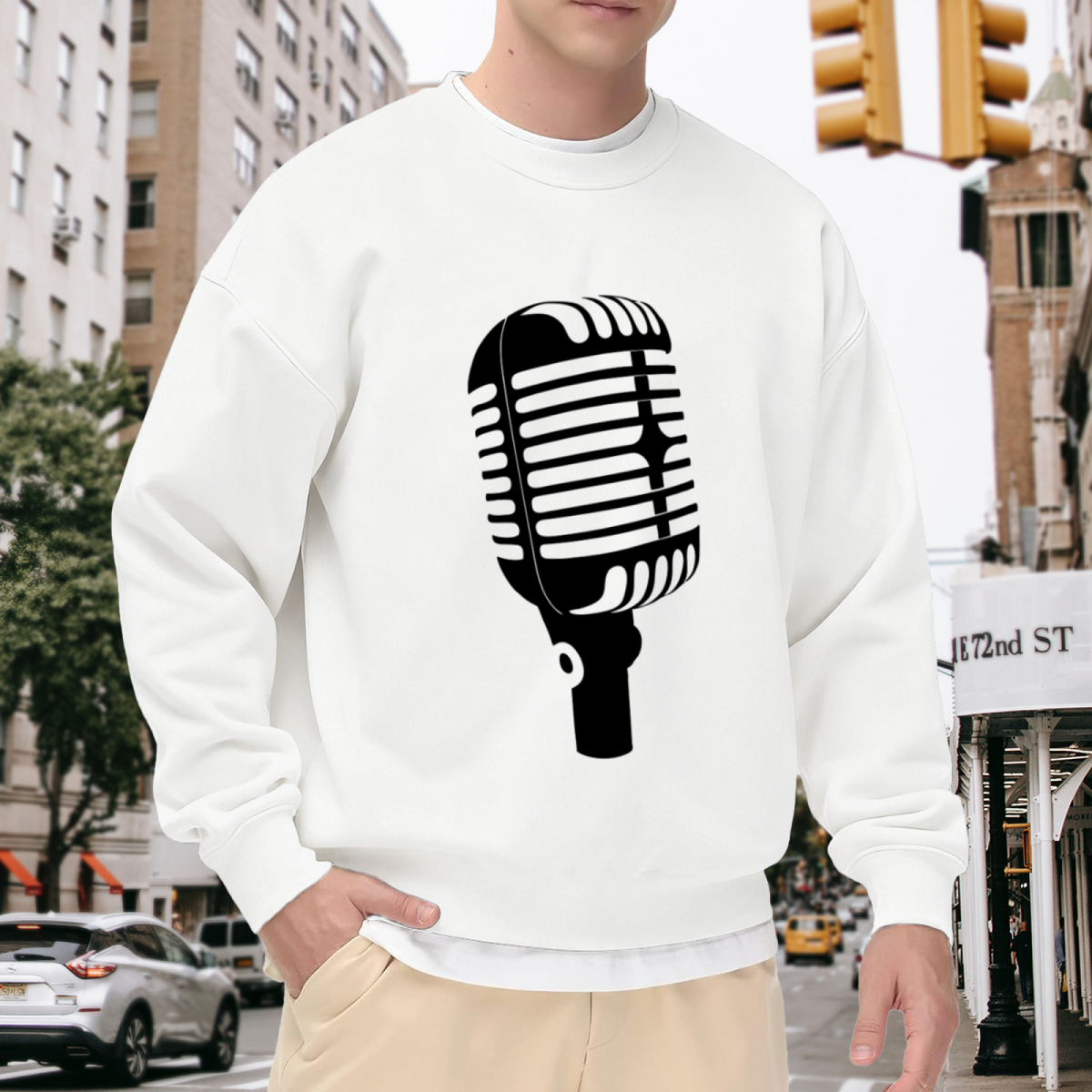 Vintage Microphone Silhouette Crewneck Sweatshirt | Classic Broadcast Mic Graphic Pullover, Singer Podcast Gift