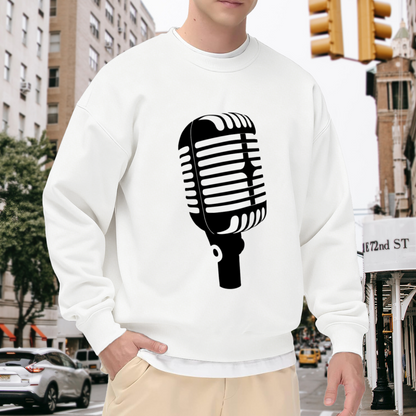 Vintage Microphone Silhouette Crewneck Sweatshirt | Classic Broadcast Mic Graphic Pullover, Singer Podcast Gift