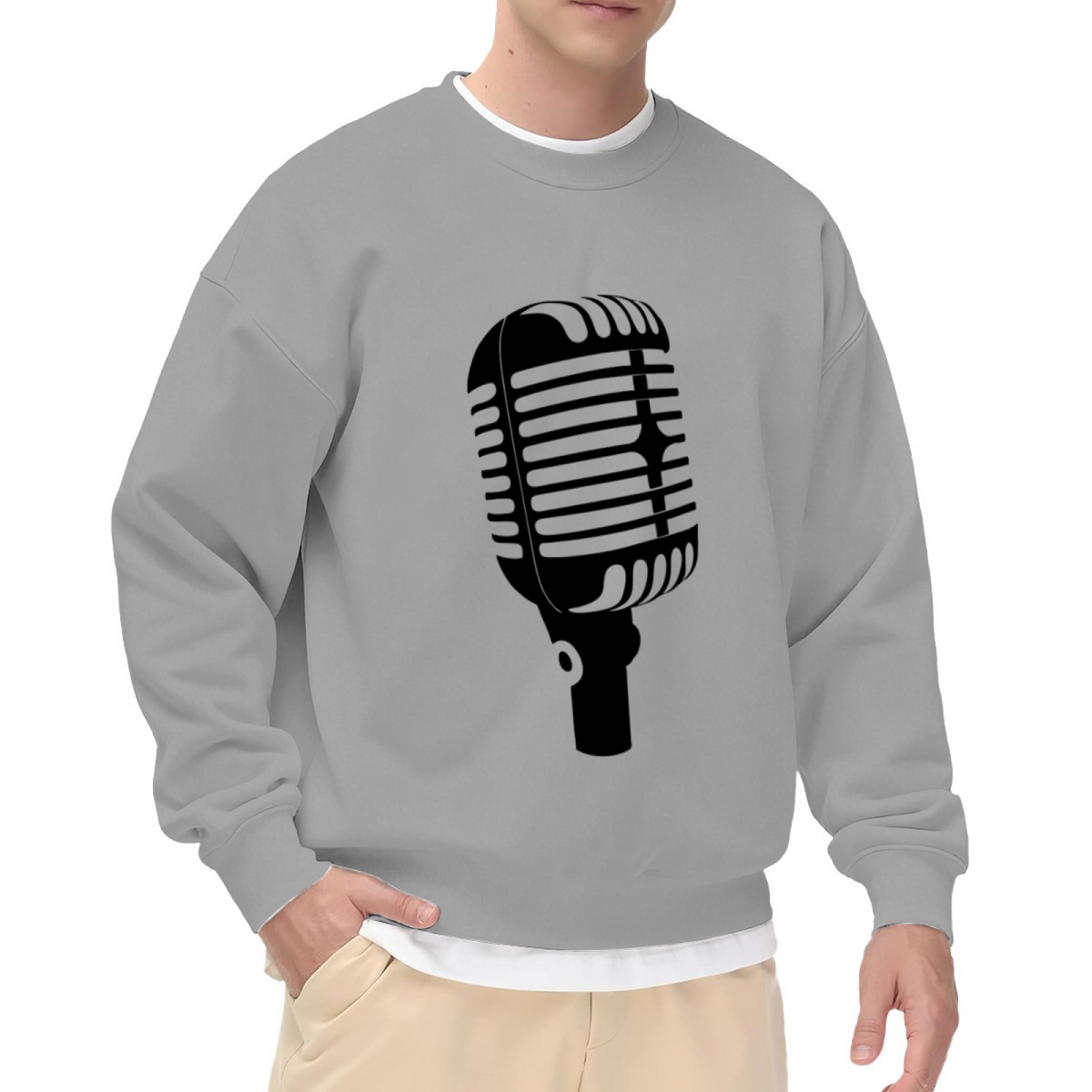 Vintage Microphone Silhouette Crewneck Sweatshirt | Classic Broadcast Mic Graphic Pullover, Singer Podcast Gift
