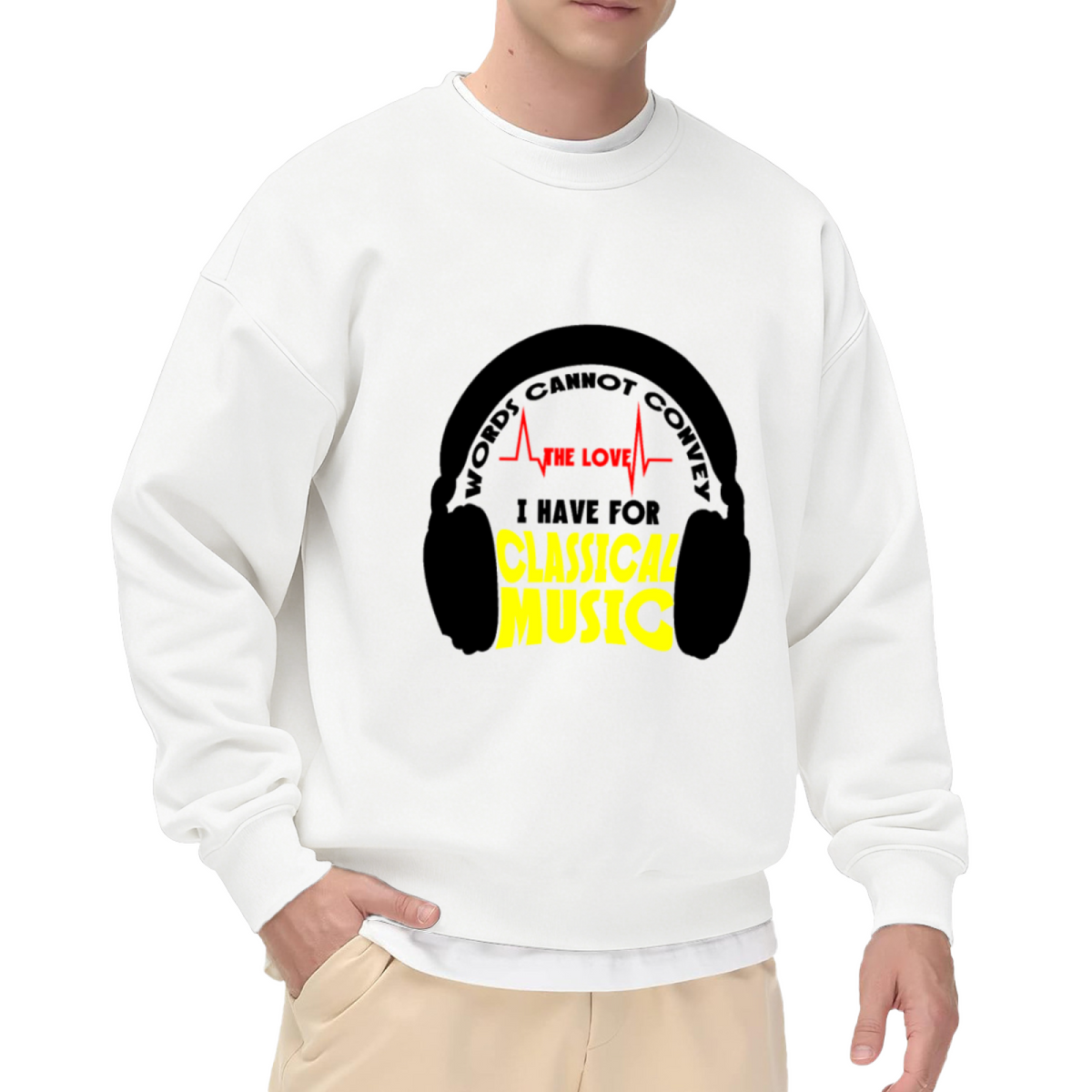 Classical Music Lover Sweatshirt | Words Cannot Convey Headphones Graphic Crewneck, Heartbeat Music Note Pullover Top, Gift for Musicians Music Fans