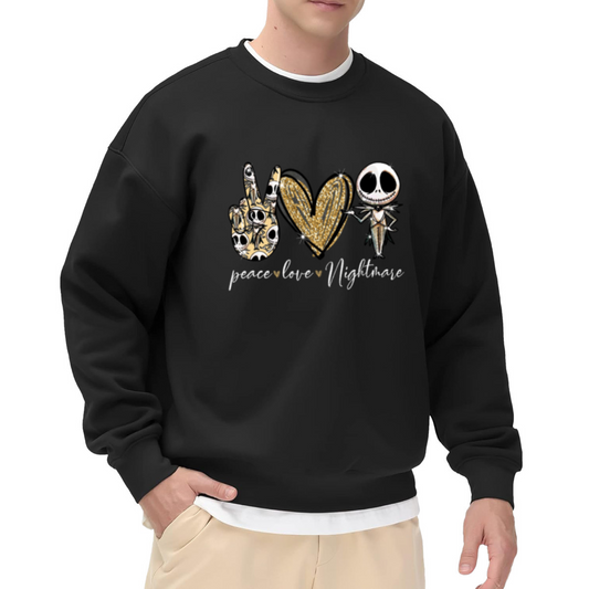 Peace Love Nightmare Glitter Heart Skull Crewneck Sweatshirt | Spooky Cute Gothic Skeleton Pullover, Halloween Christmas Gift
