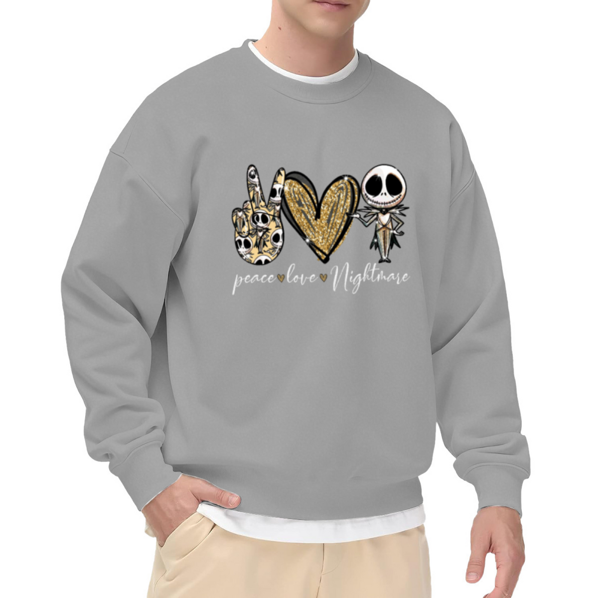 Peace Love Nightmare Glitter Heart Skull Crewneck Sweatshirt | Spooky Cute Gothic Skeleton Pullover, Halloween Christmas Gift