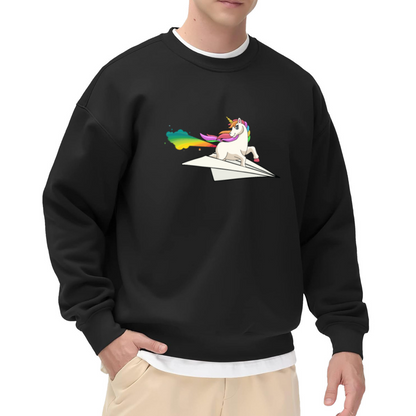 Crewneck Sweatshirt with Rainbow Unicorn Riding Paper Plane Graphic Print