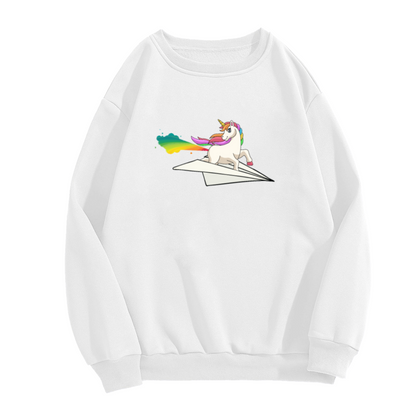 Crewneck Sweatshirt with Rainbow Unicorn Riding Paper Plane Graphic Print