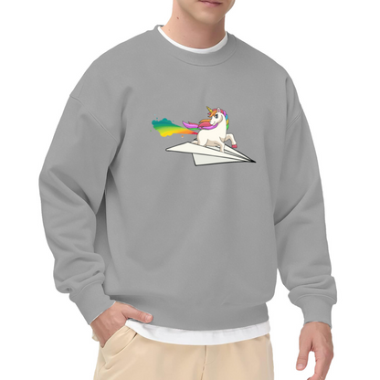 Crewneck Sweatshirt with Rainbow Unicorn Riding Paper Plane Graphic Print