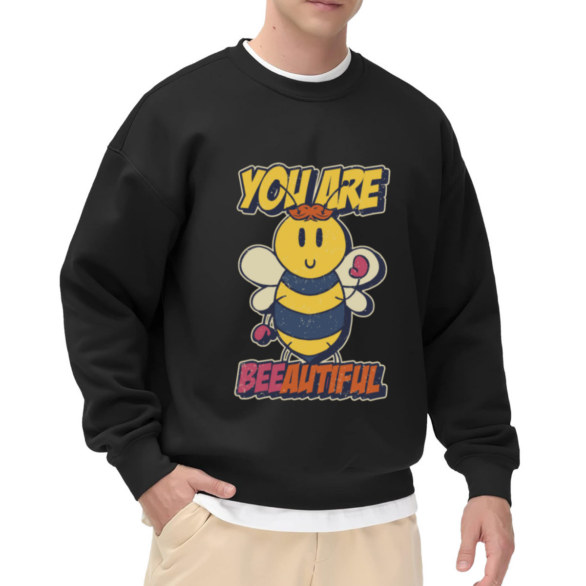 You Are Beeautiful Bee Crewneck Sweatshirt | Cute Bumble Bee Pun Pullover, Bee With Hearts Graphic Top, Valentine's Day Gift