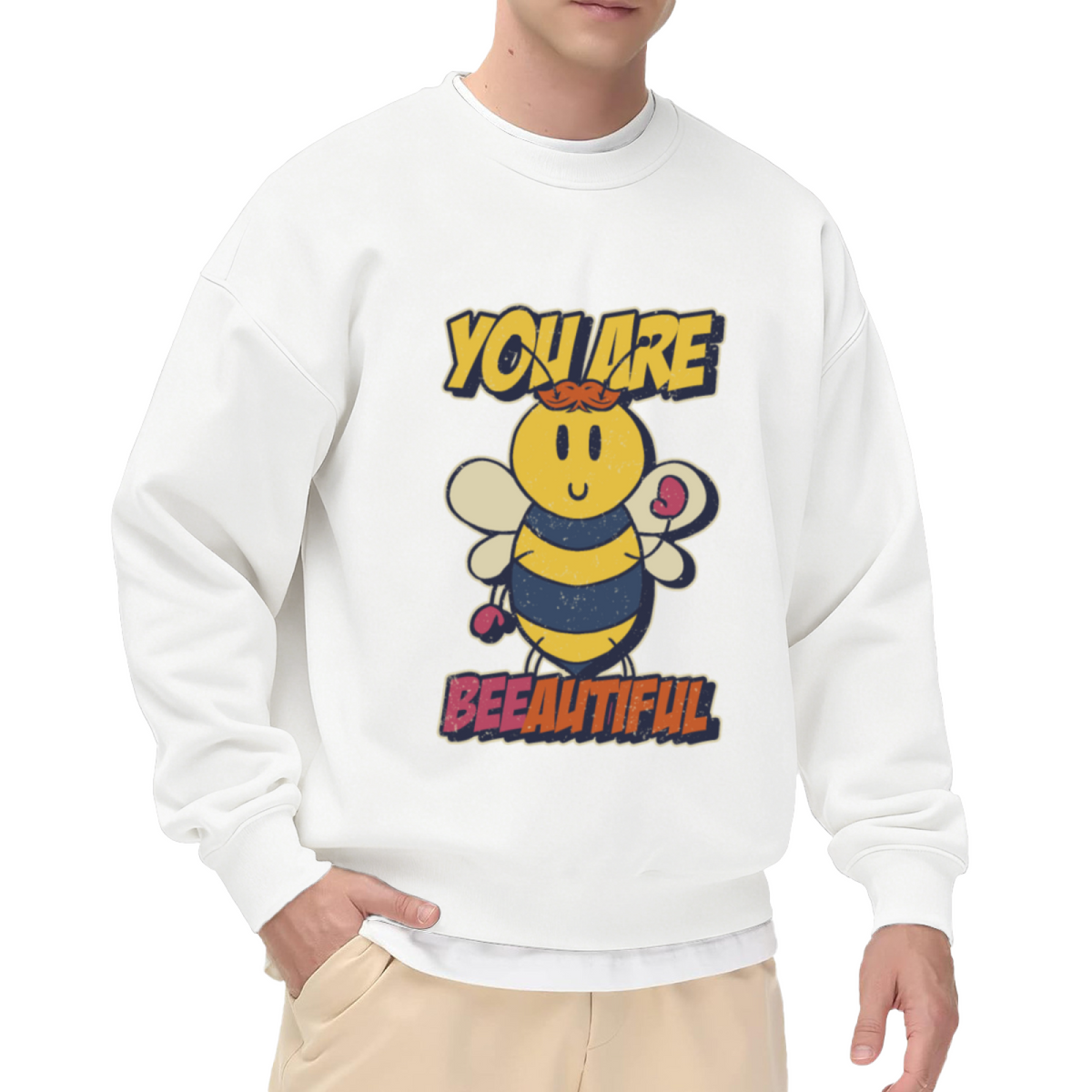 You Are Beeautiful Bee Crewneck Sweatshirt | Cute Bumble Bee Pun Pullover, Bee With Hearts Graphic Top, Valentine's Day Gift