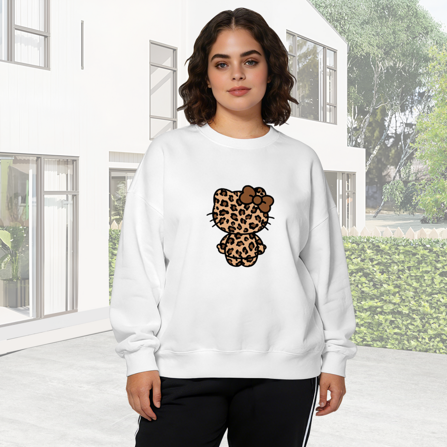 Trendy Leopard Print Hello Kitty Vibe Crewneck Sweatshirt