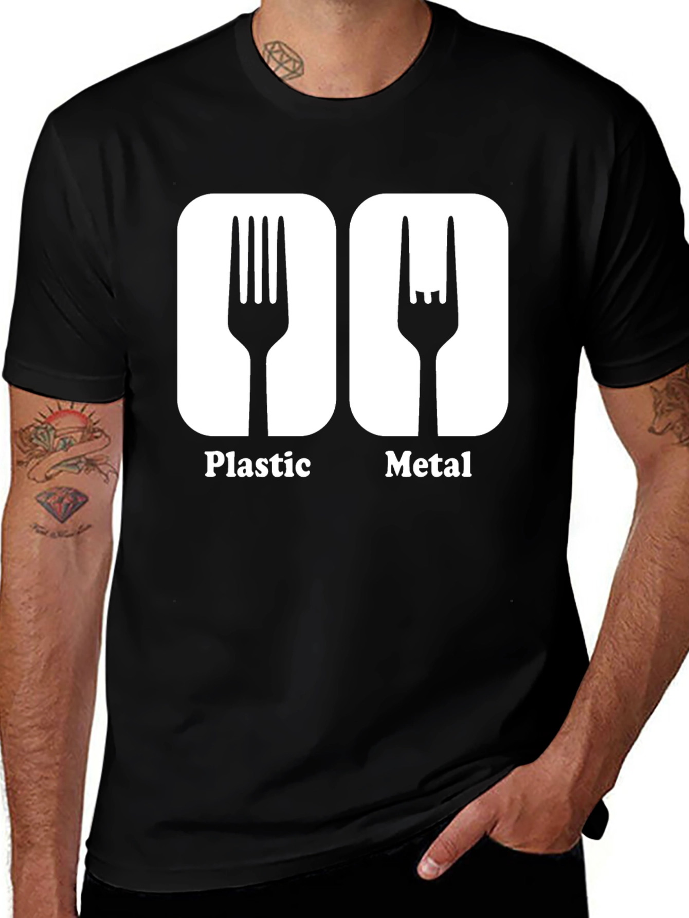Humorous Plastic Metal Fork Graphic T-Shirt