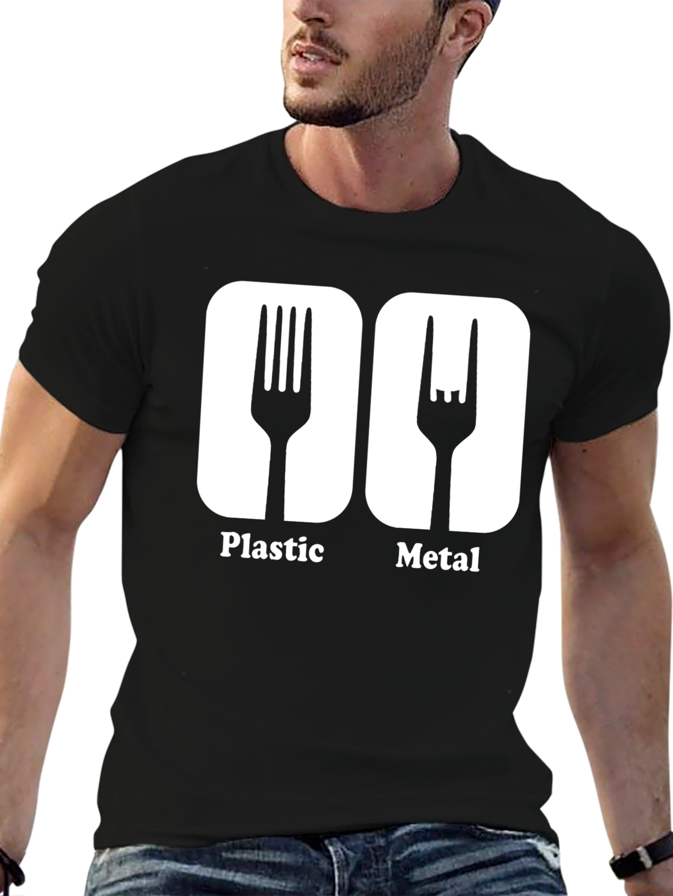 Humorous Plastic Metal Fork Graphic T-Shirt