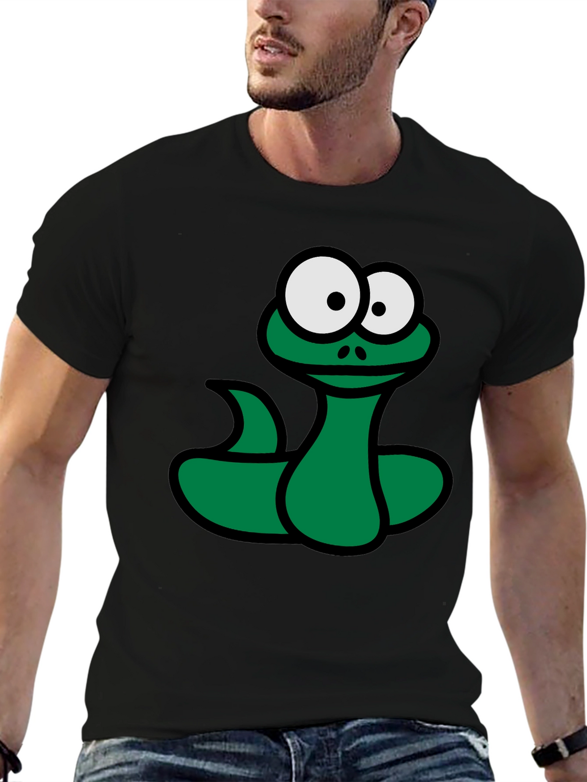 Cartoon Snake Graphic T-Shirt - Black Fun Design