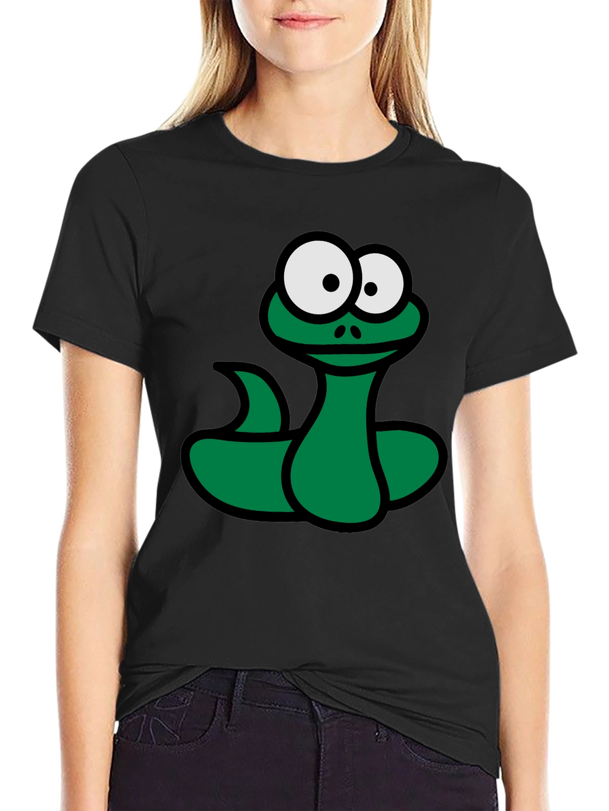 Cartoon Snake Graphic T-Shirt - Black Fun Design