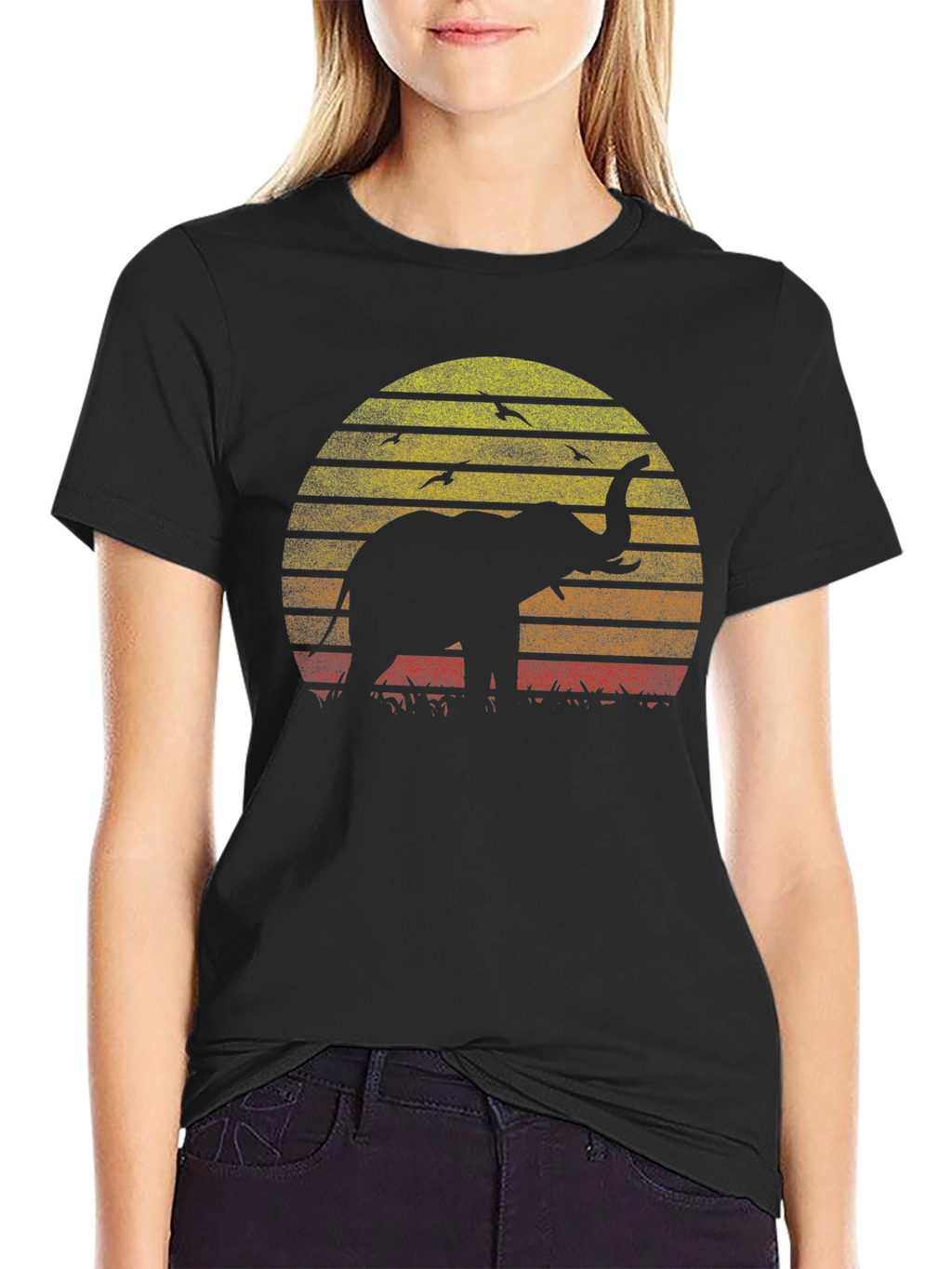 Elephant Sunset Graphic Tee - Black Cotton T-Shirt