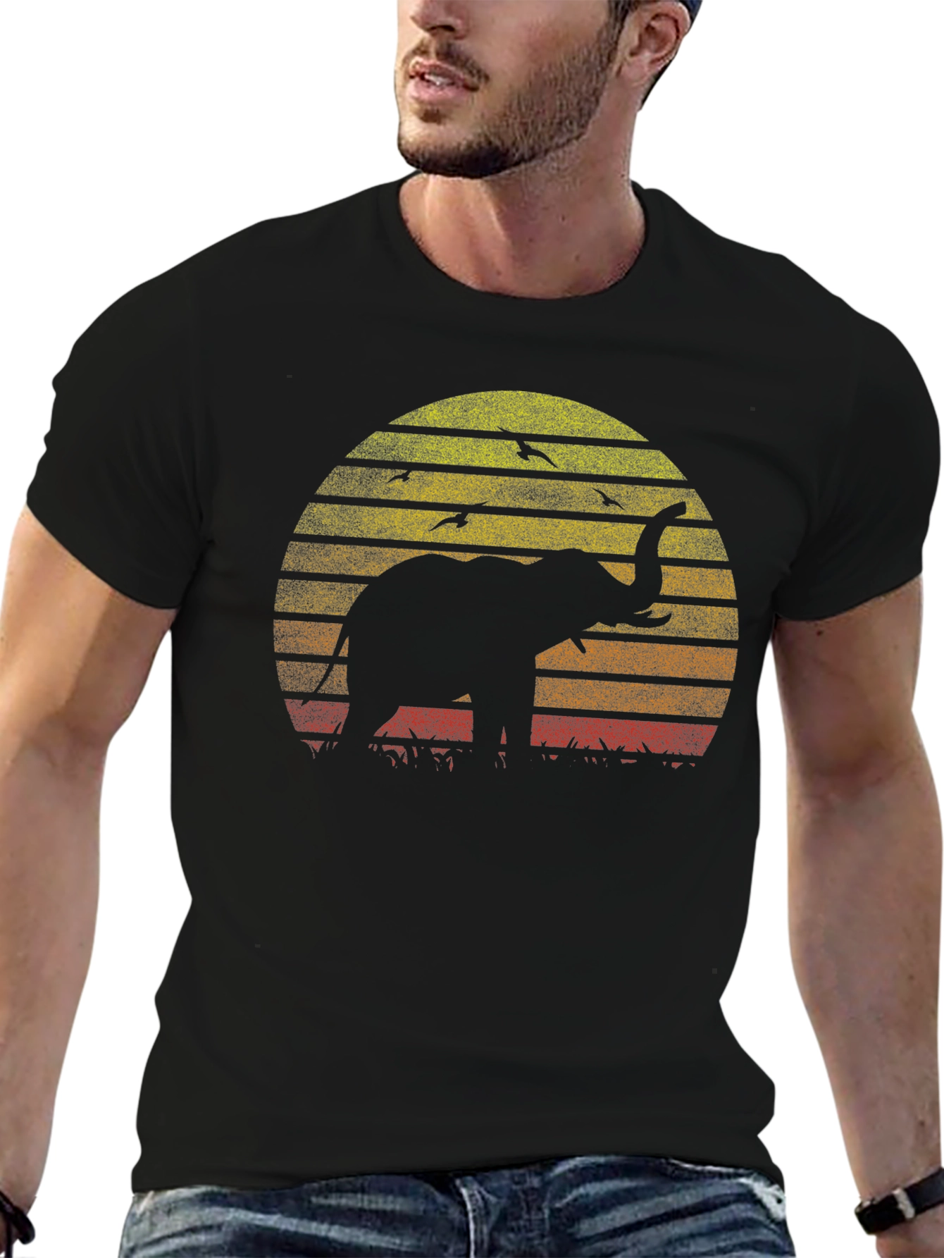 Elephant Sunset Graphic Tee - Black Cotton T-Shirt