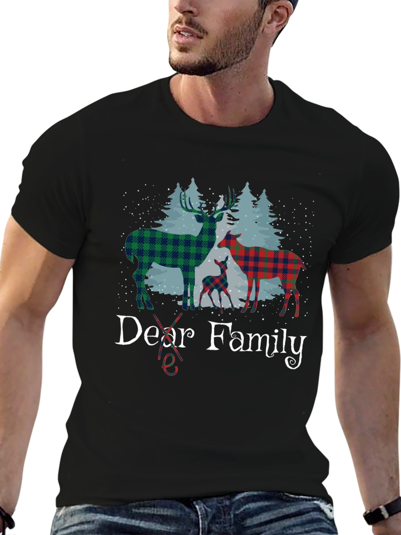 Dear Family Plaid Deer Christmas T-Shirt