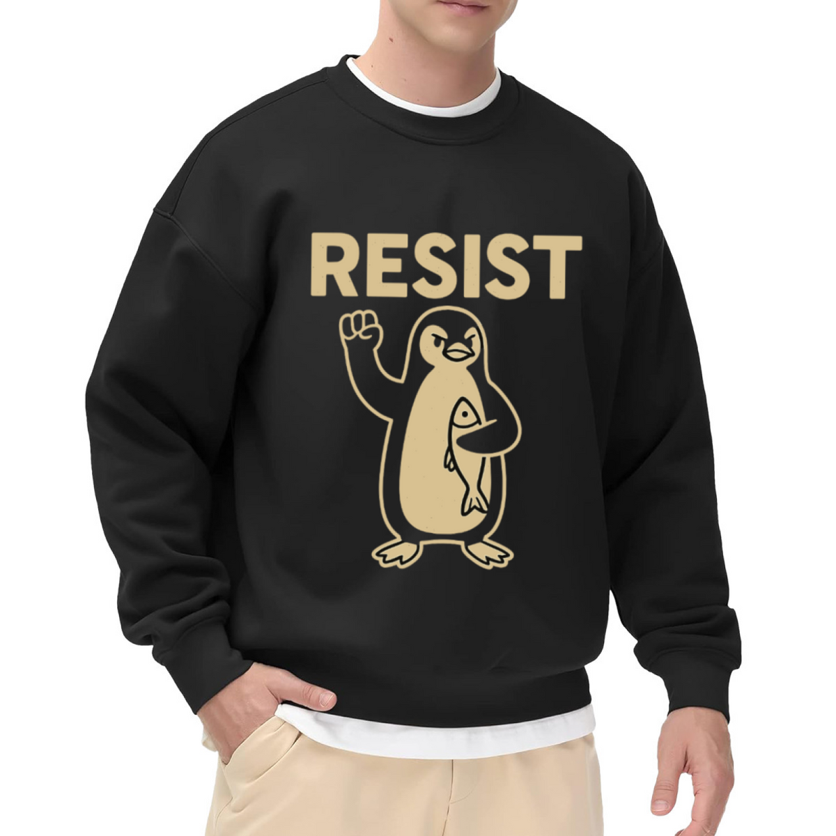 Resist Angry Penguin Cartoon Crewneck Sweatshirt | Funny Protest Fist Pullover, Penguin Lover Gift