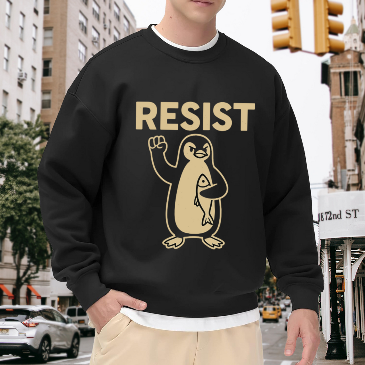 Resist Angry Penguin Cartoon Crewneck Sweatshirt | Funny Protest Fist Pullover, Penguin Lover Gift