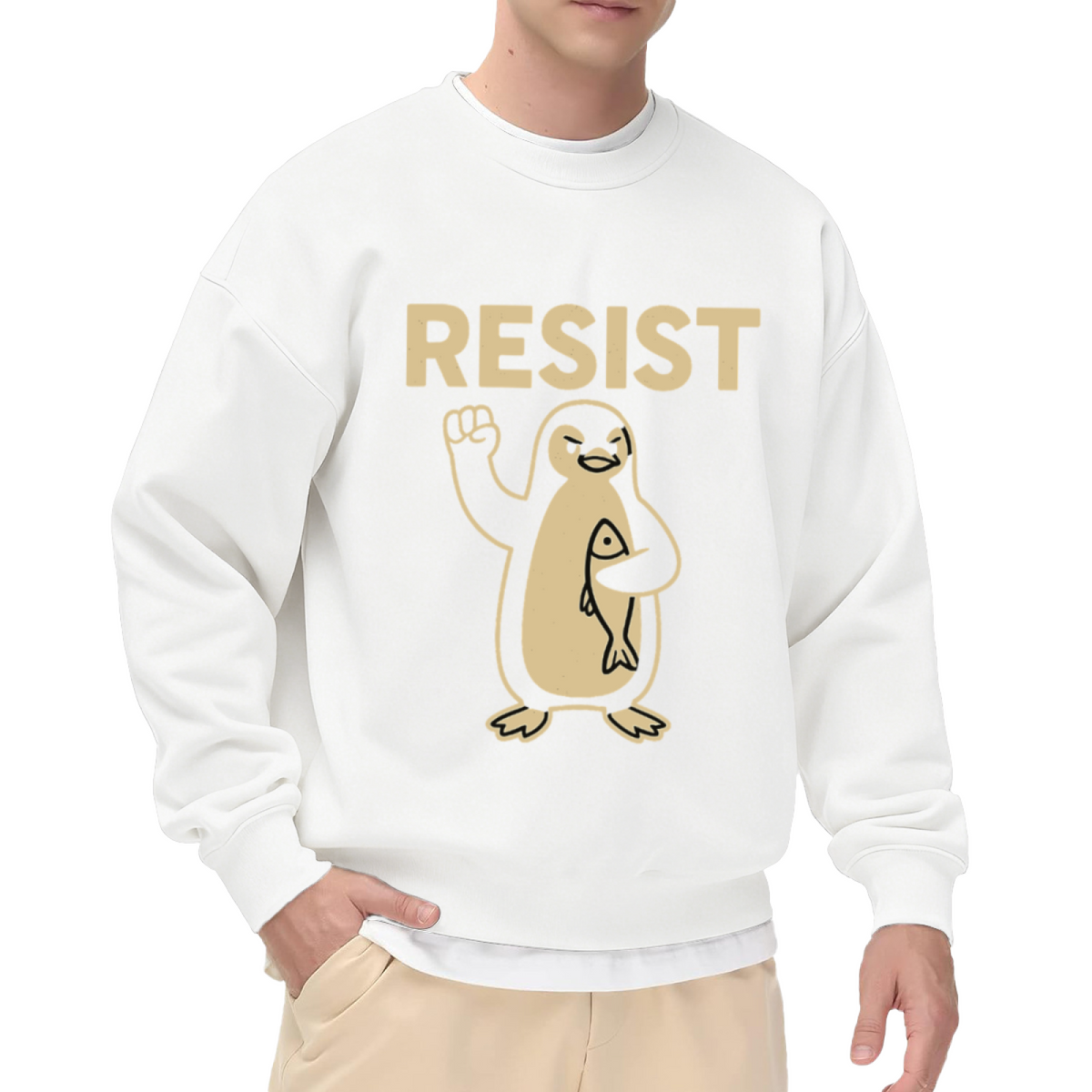 Resist Angry Penguin Cartoon Crewneck Sweatshirt | Funny Protest Fist Pullover, Penguin Lover Gift
