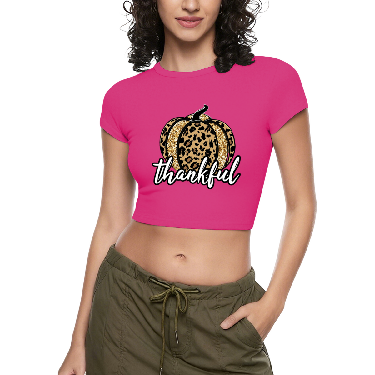 Leopard Glitter Pumpkin Thankful Fall Crop Top ¨C Autumn Holiday Slim Tee