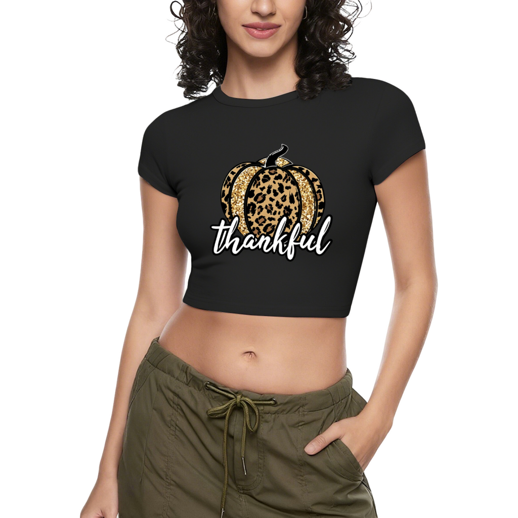 Leopard Glitter Pumpkin Thankful Fall Crop Top ¨C Autumn Holiday Slim Tee