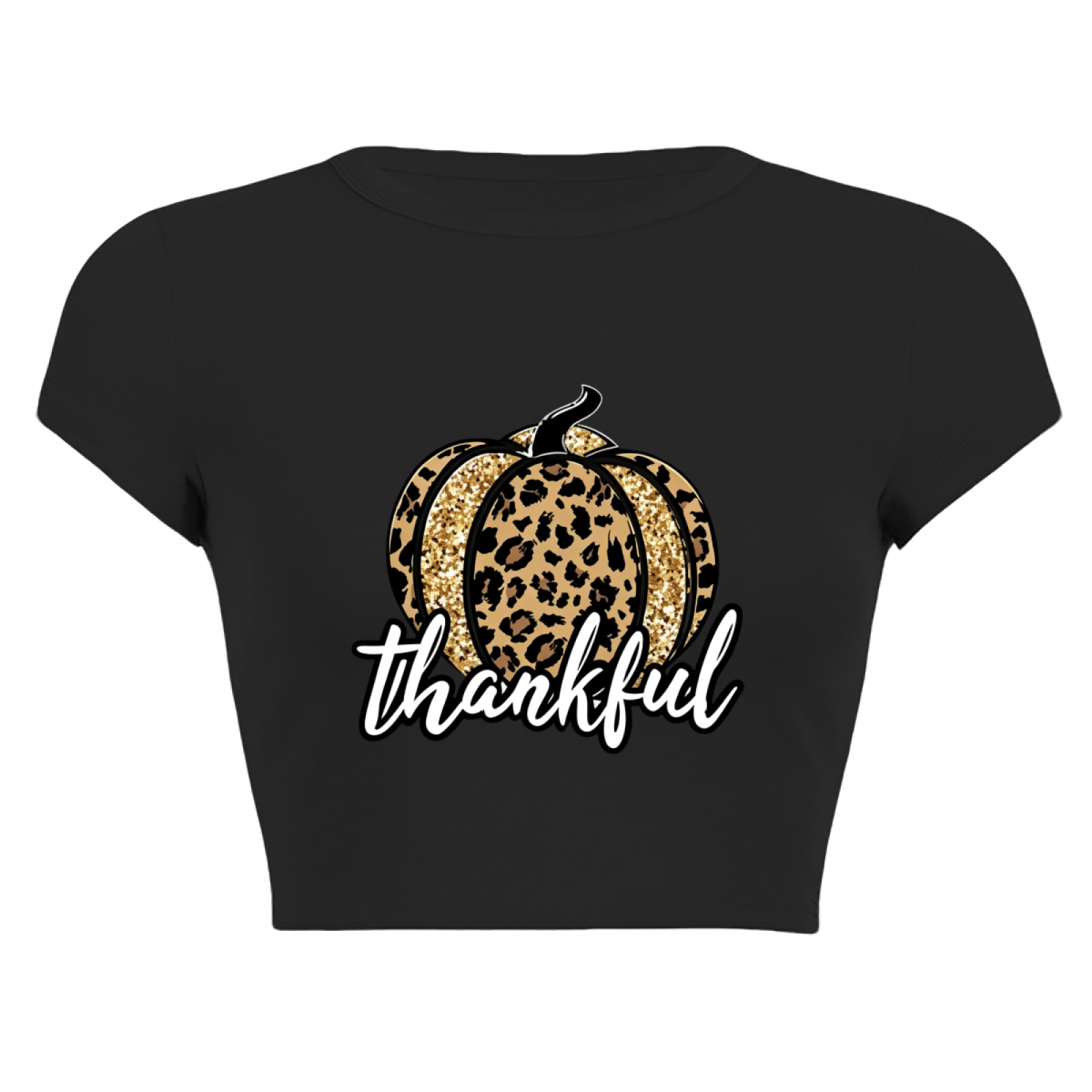 Leopard Glitter Pumpkin Thankful Fall Crop Top ¨C Autumn Holiday Slim Tee