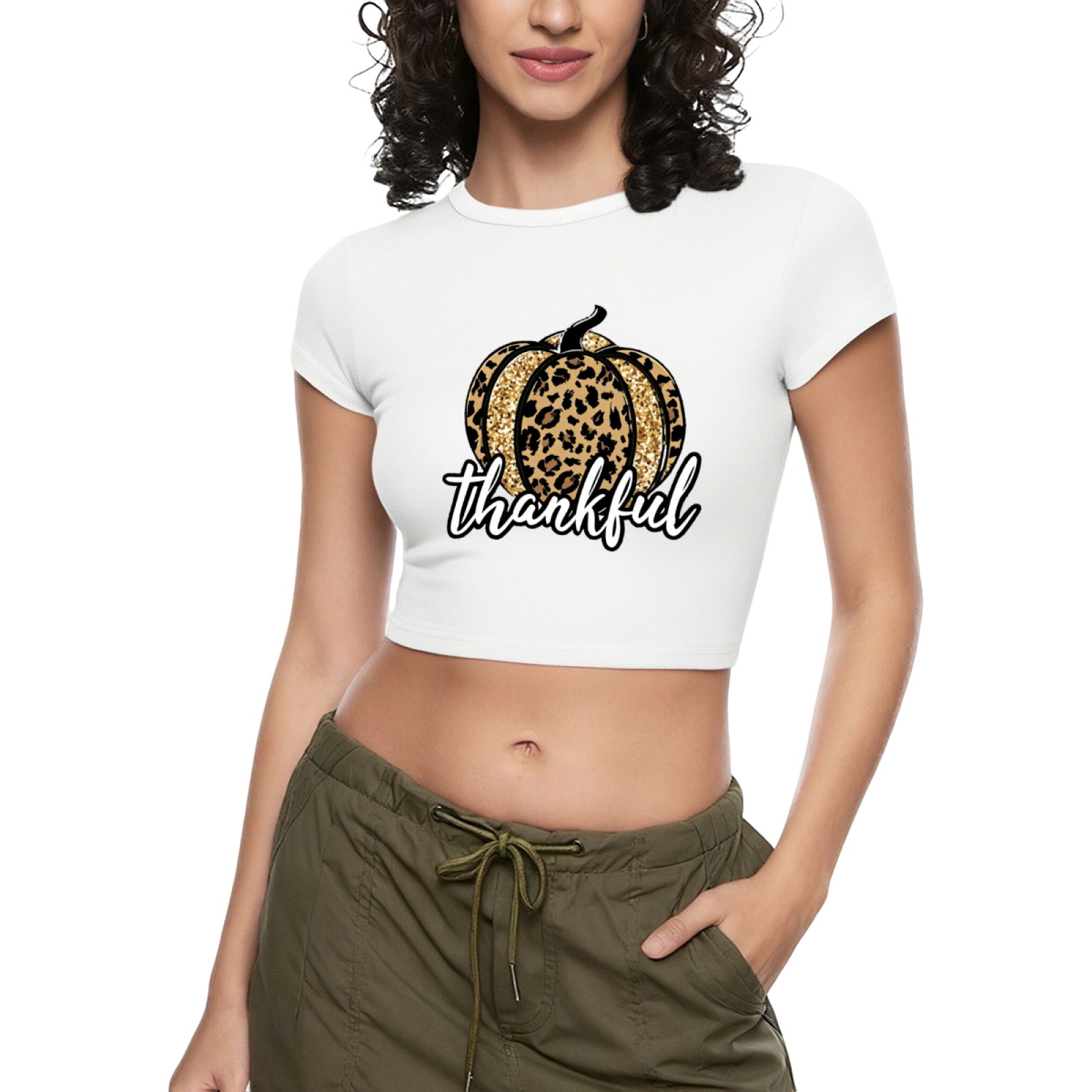 Leopard Glitter Pumpkin Thankful Fall Crop Top ¨C Autumn Holiday Slim Tee