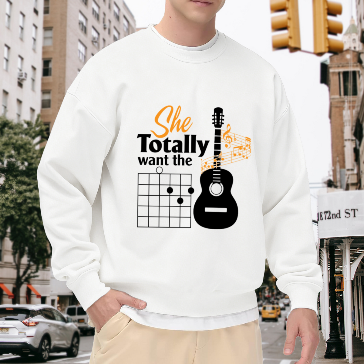 Acoustic Guitar Chord Diagram Crewneck Sweatshirt, Music Notes Treble Clef Pullover, Guitar Lover Gift