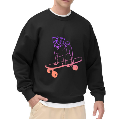 Pug On Skateboard Sunglasses Crewneck Sweatshirt | Cool Gradient Line Art Dog Pullover, Playful Skate Graphic Top, Dog Lover Gift