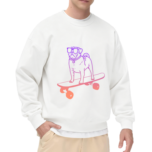 Pug On Skateboard Sunglasses Crewneck Sweatshirt | Cool Gradient Line Art Dog Pullover, Playful Skate Graphic Top, Dog Lover Gift